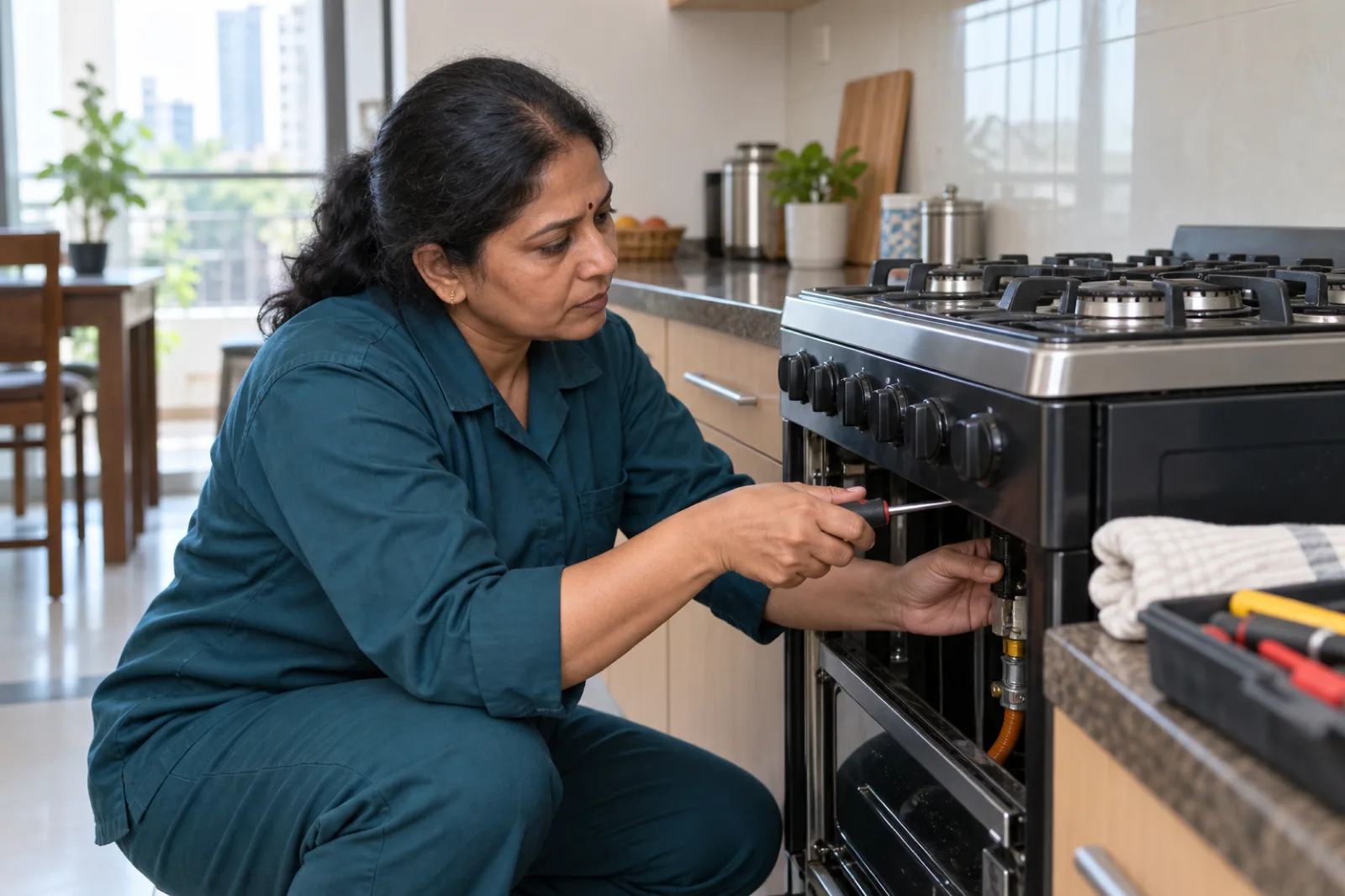 Technician servicing a gas cooking range