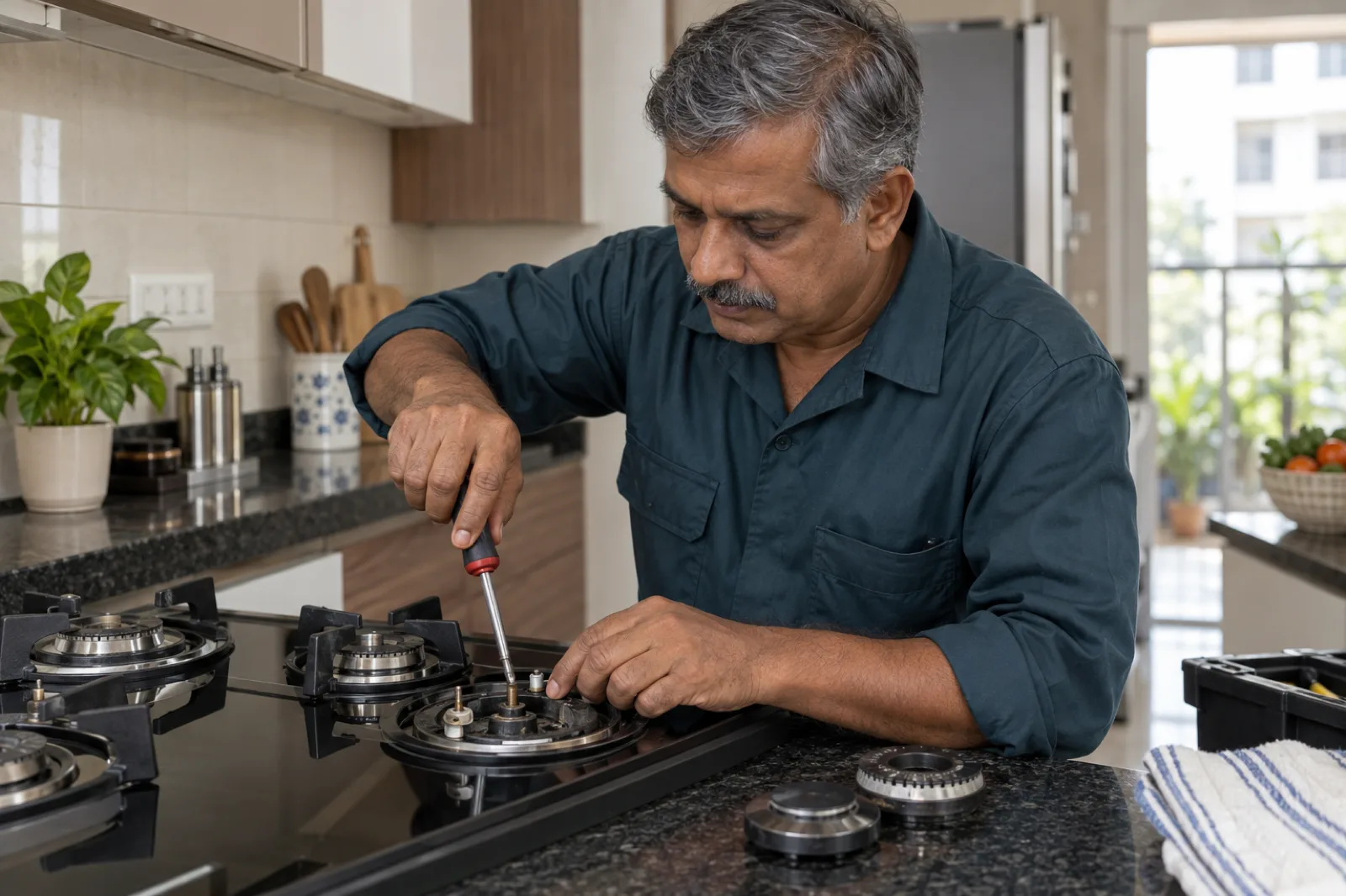 Technician repairing a gas cooktop